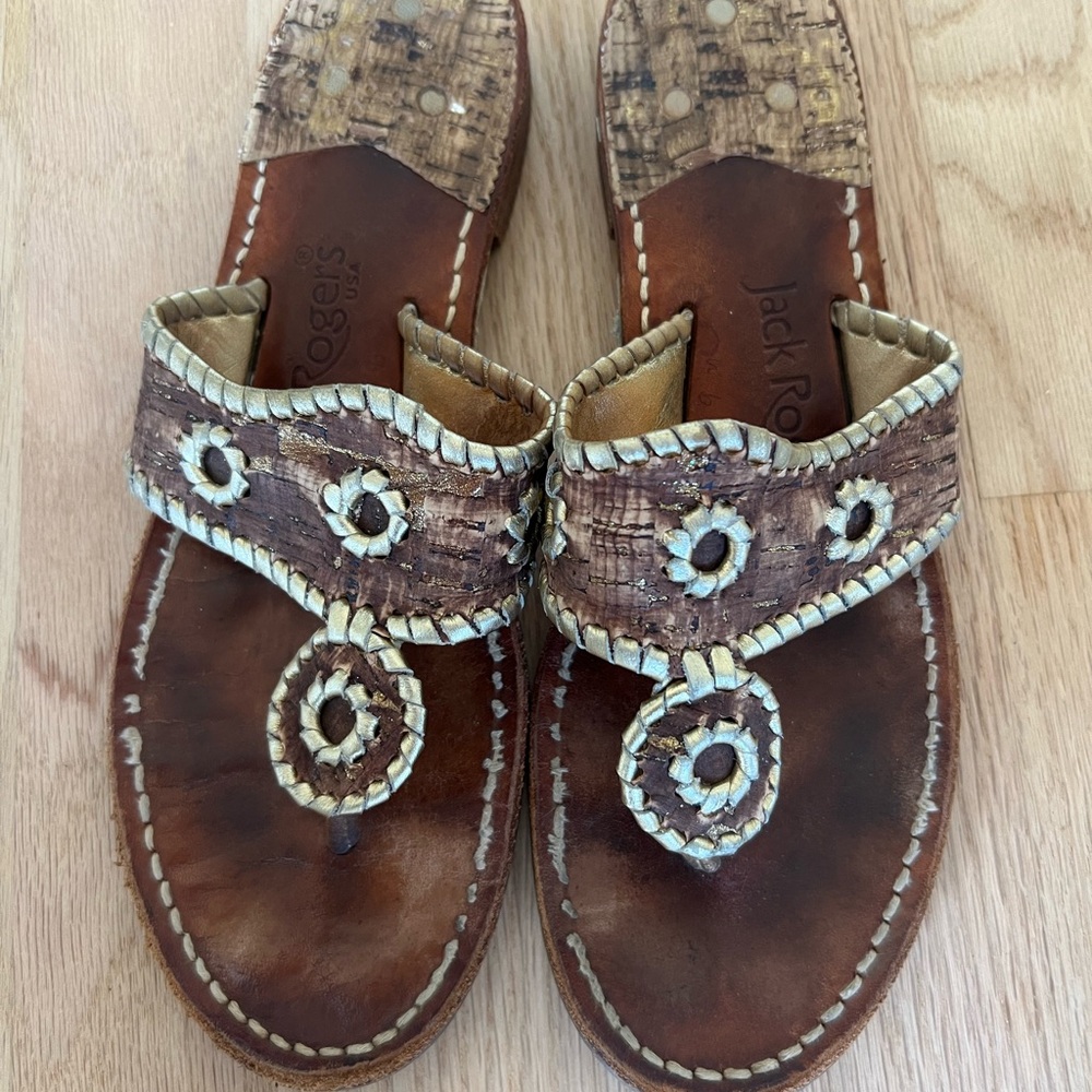 Jack Rogers Brown Leather Sandals with Decorative Brown Cork and Gold Upper 8.5